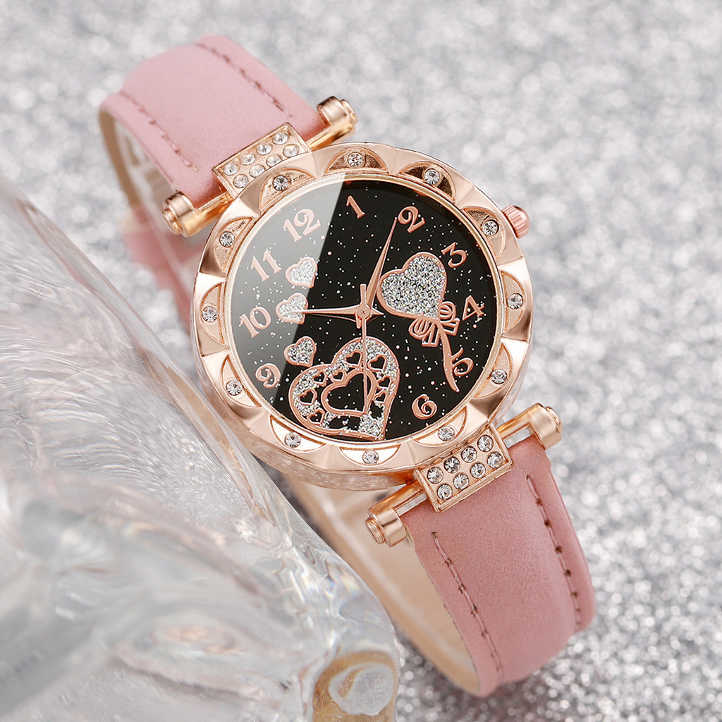 CUCI GUDANG 5PCS JAM TANGAN KUARSA WANITA BERLIAN DIAL CINTA TALI KULIT JAM TANGAN FASHION SET