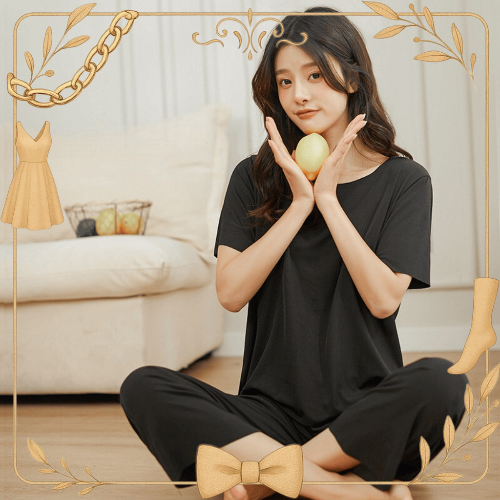 (Gudang Lingerie) Baju Tidur Wanita Set Piyama Lengan Pendek Longgar Solid Warna Dan Celana Panjang 