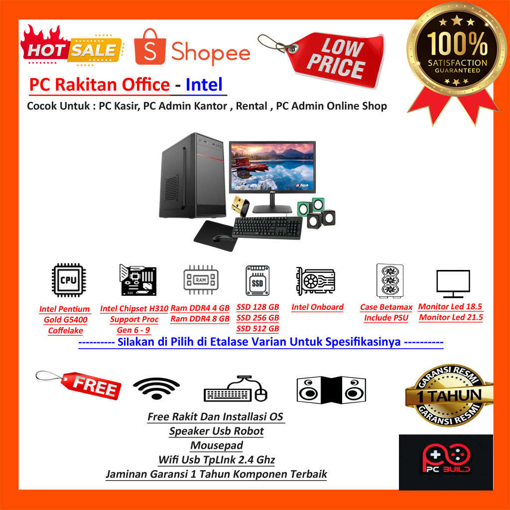 Komputer Rakitan Pc Office Intel Pentium Gold G5400 DDR4 - Fullset Include Monitor