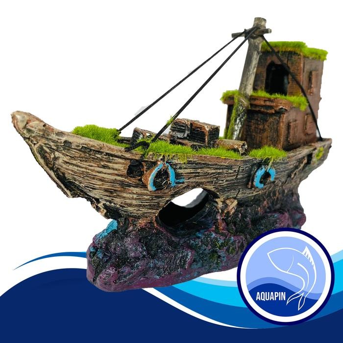hiasan aquarium kapal karam tenggelam berlumut model terbaru f7347