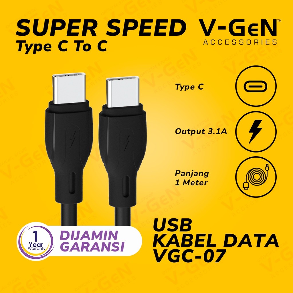 Kabel Data V-GeN VGC-07 Type C to Type C QC 4.0 PD 60W 3.1A 1 Meter V-GeN