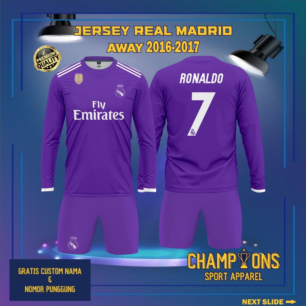 Jersey Sepak bola custom REAL MADRID AWAY 2016-2017 Lengan Panjang – Full Printing Dryfit Milano | N