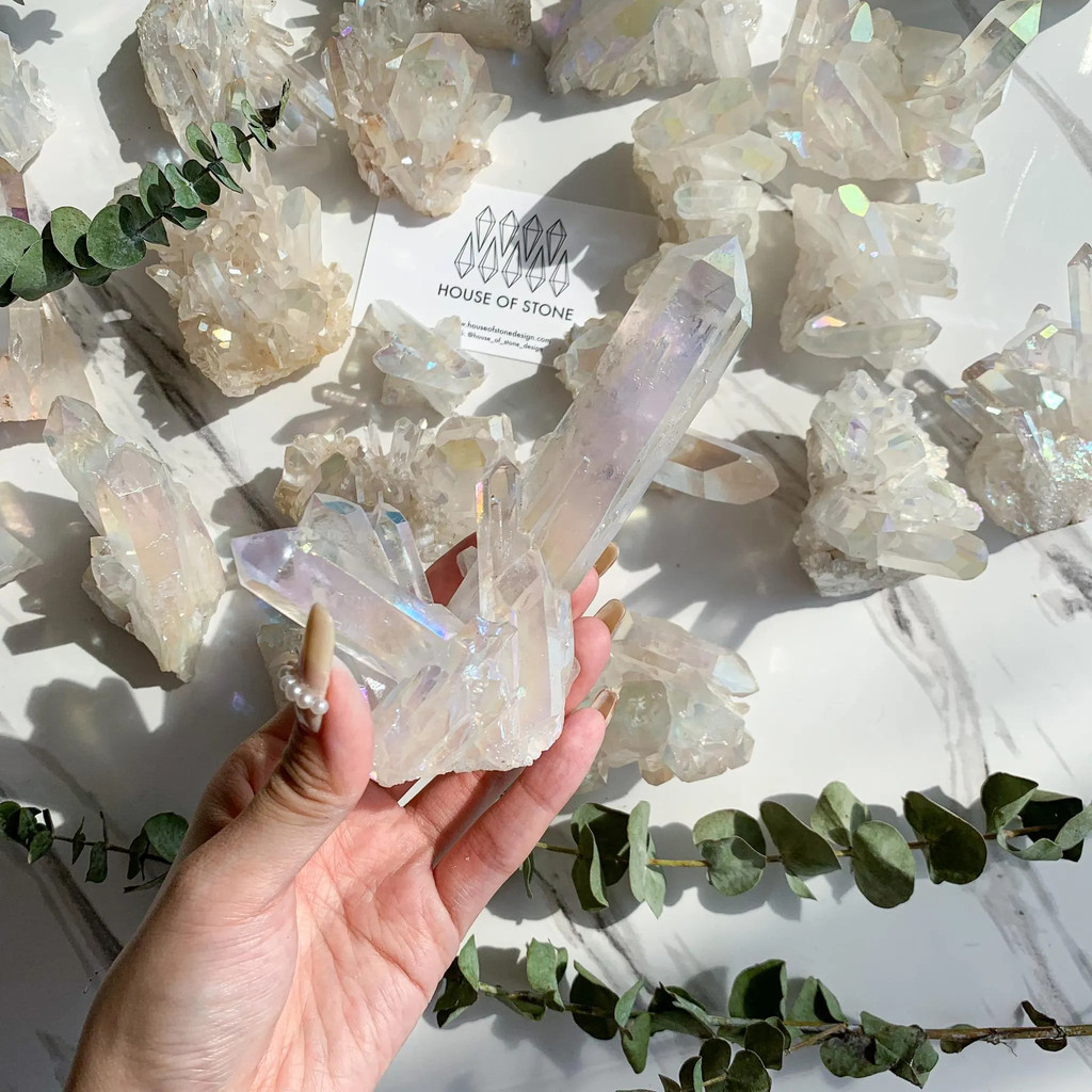Angel Aura Quartz Cluster Raw Rainbow Aura Crystal Quartz Cluster/Rough Aura Quartz Cluster Chakra H
