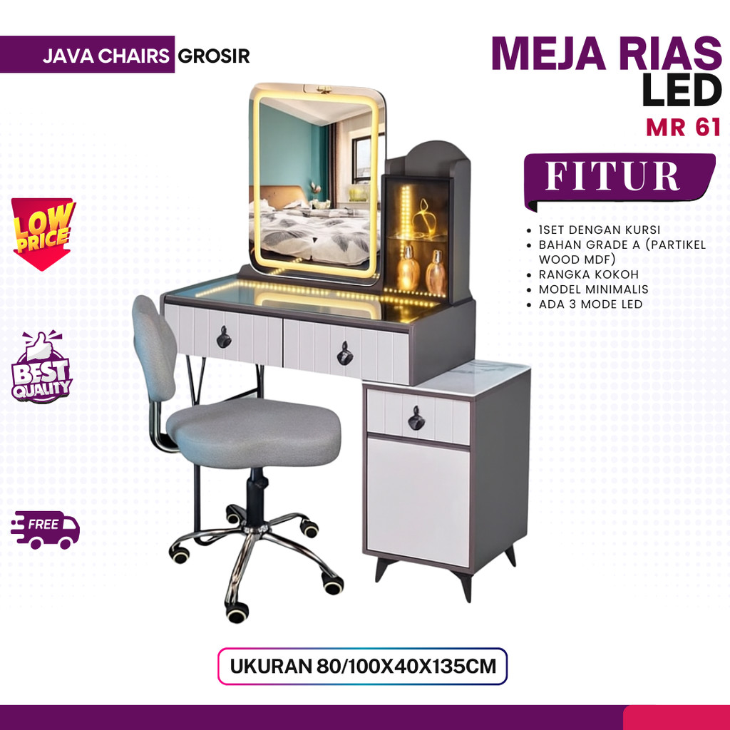Meja Rias MR 61 + Kursi Abu – Meja Rias Putih Abu Minimalis Cermin & Laci Serbaguna