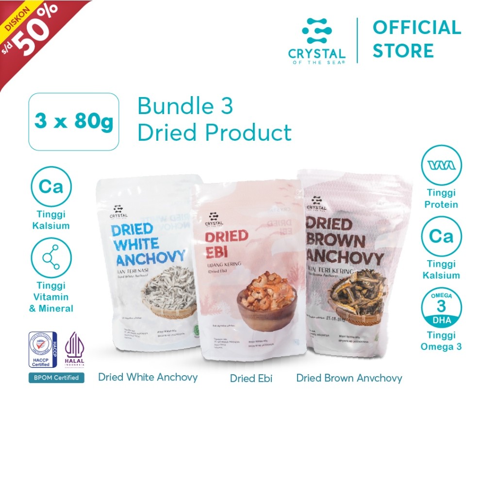

Crystal of the Sea - (Set of 3 Dried Pouch 80GR) White Anchovy + Brown Anchovy + Ebi Udang KeringMurah
