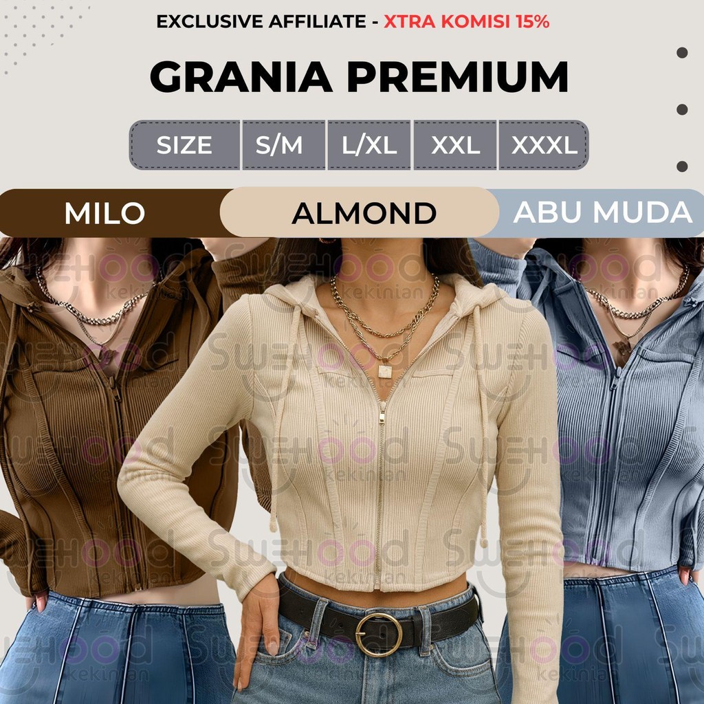 Exclusive Affiliate - Grania Premium Jaket Hoodie Zipper Crop Wanita Kekinian - Xtra Komisi 15%