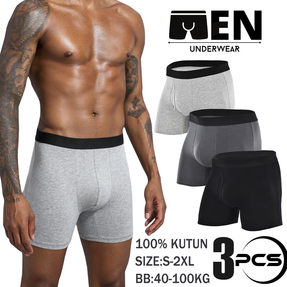 3PCS Celana dalam Pria Boxer Panjang /Celana Boxer Pria Katun Sport /Long Boxer Underwear