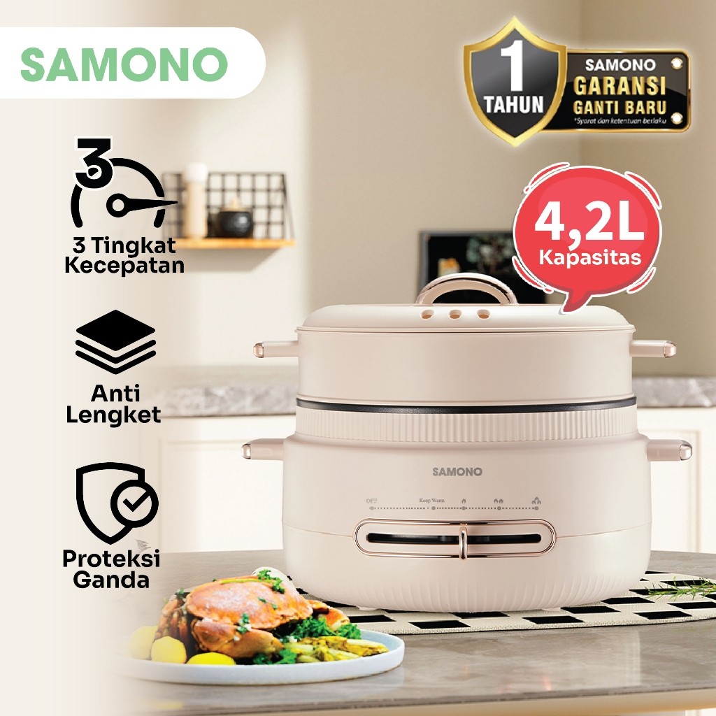 SAMONO Multi Cooker Panci Listrik Kapasitas Besar 4,2 Liter + 2,6 Liter Pengukus 3 Level Pemanas Ant