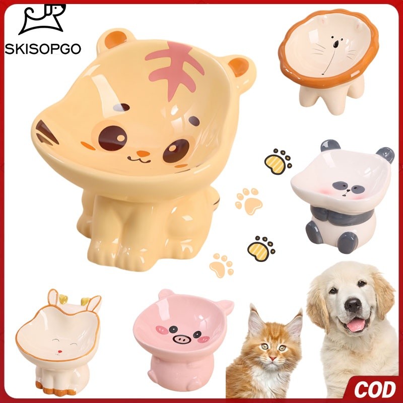 SKISOPGO Mangkuk Kucing Keramik Mangkuk Pelindung Leher Kaki Tinggi Keramik Bowl Keramik Hewan Lucu 