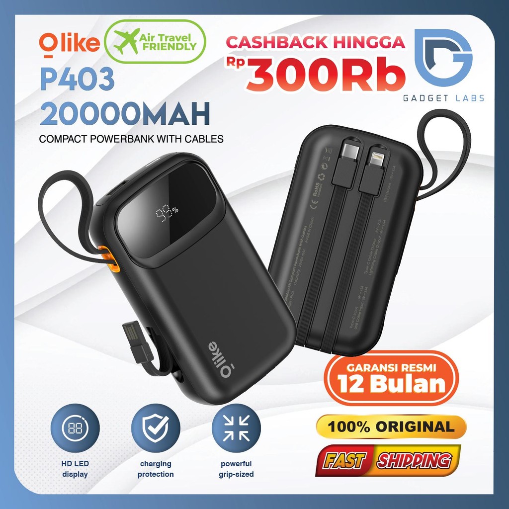 Olike P403 Compact Power bank Powerbank 20000mAh | HD LED Display | 3 Built-in Cable