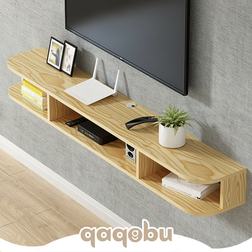 Rak TV Gantung Kayu Pinus Premium – Floating Shelf Estetik Minimalis, Kokoh & Rapi, Bisa Custom Ukur