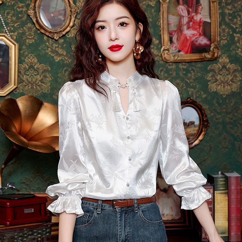 Kemeja jacquard satin gaya wanita retro, kemeja kerah, kemeja tinggi
