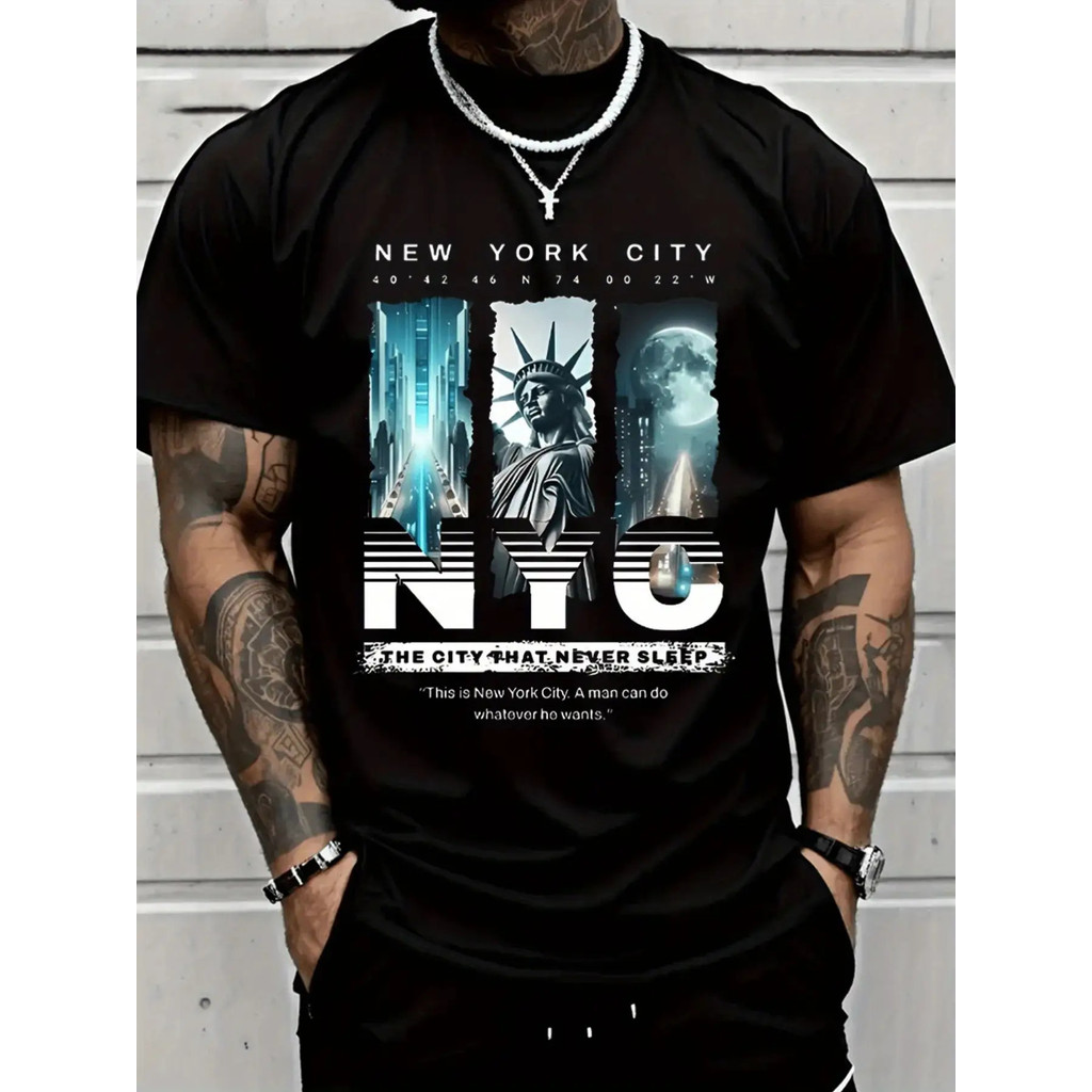 Kaos Grafis Patung Liberty Pria - Kaos Skyline NYC dengan Patung Liberty, Kaos Streetwear Hip-Hop da