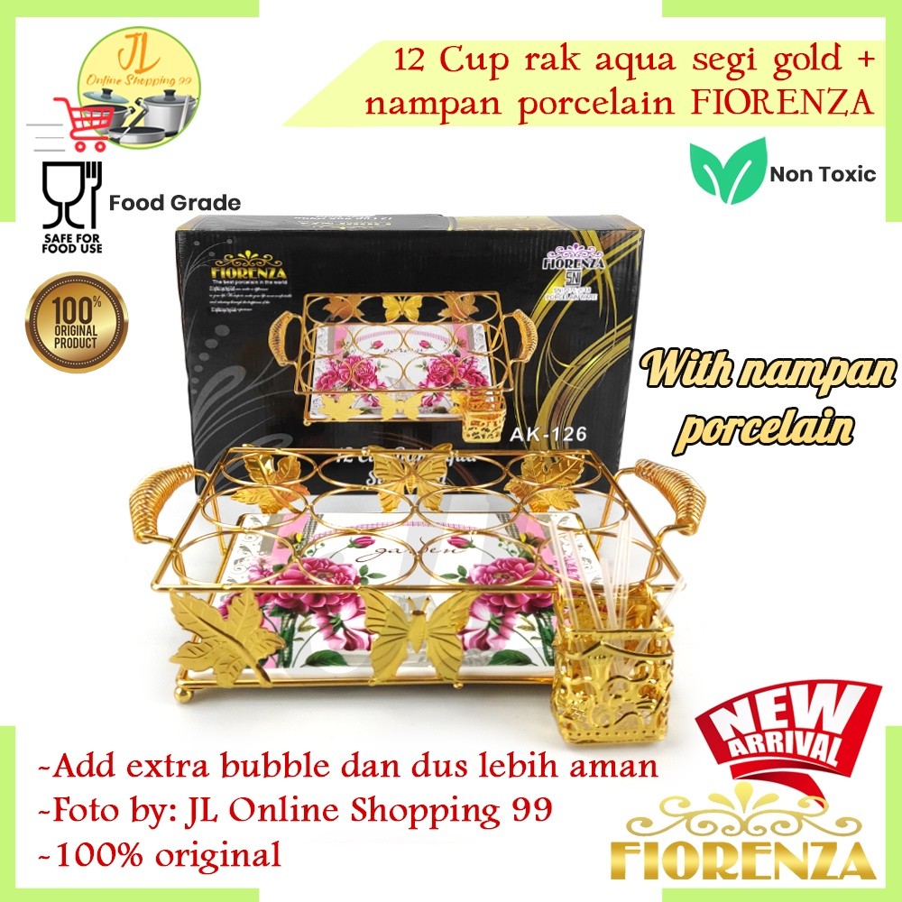 Rak aqua isi 12lubang stainless gold segi AK-126 FIORENZA / tempat minum cup aqua gelas