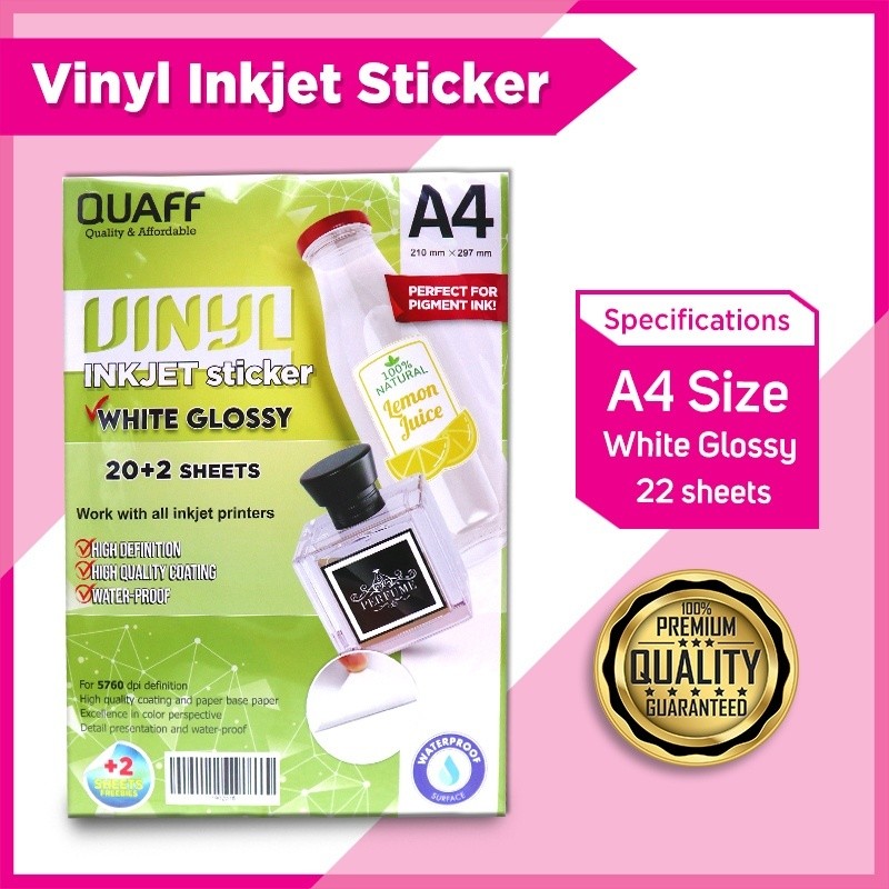 QUAFF Kertas Stiker Vinyl Inkjet Anti Air Waterproof A4 White glossy (22 Sheets)