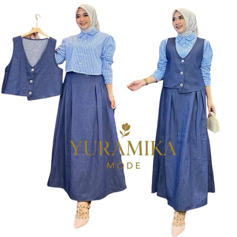 Yuramika mode -  Baju Set Wanita Muslim Mellya Denim 3in1 – Kemeja Salur + Rok Panjang + Rompi Lepas