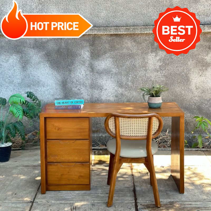 Meja kerja minimalis kayu jati, meja kerja kayu jati 1 kursi rotan kombinasi bantalan