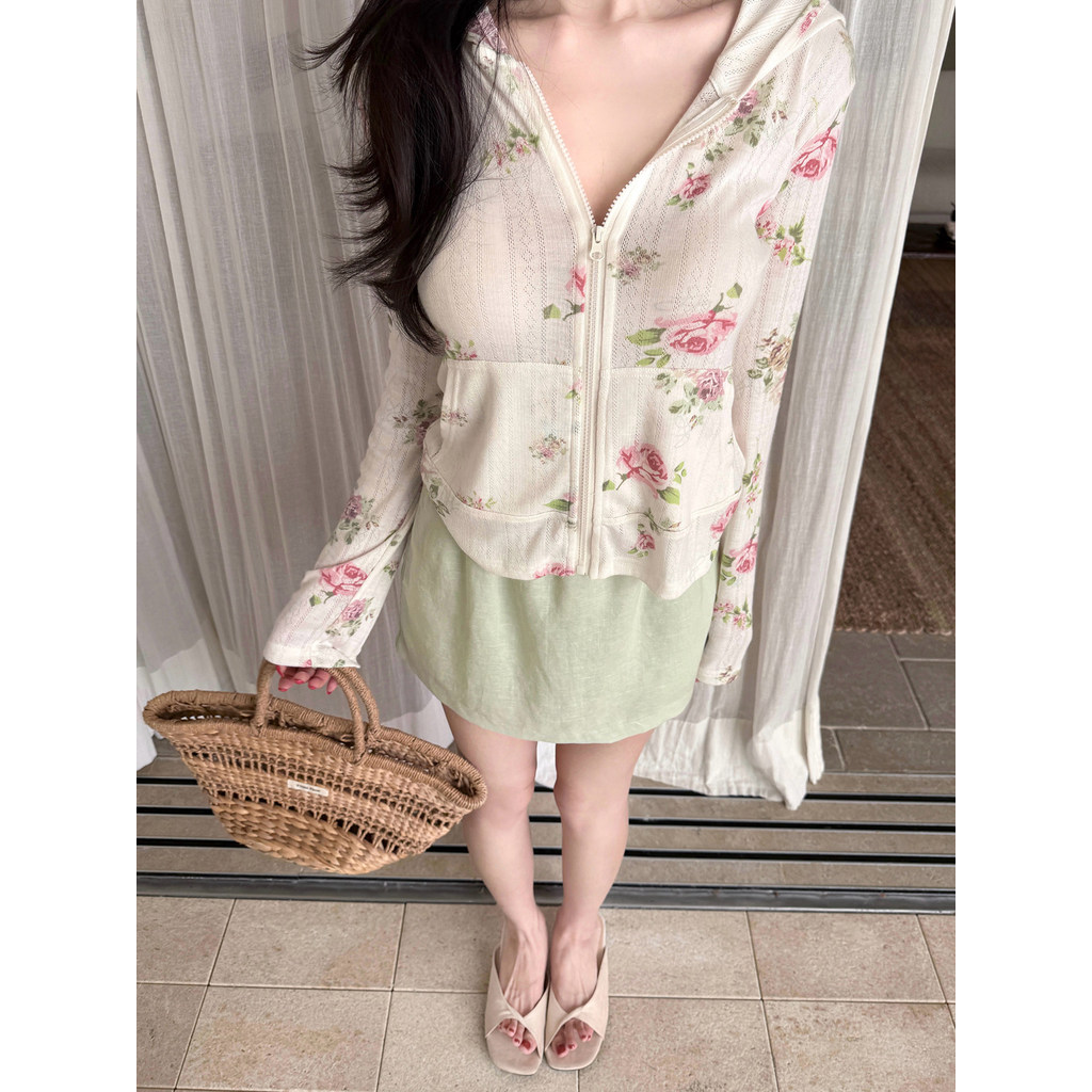MYCASSI Jaket Hoodie Tipis Wanita Floral Zip Longsleeve Anti UV Outwear Korea Style Baju Wanita