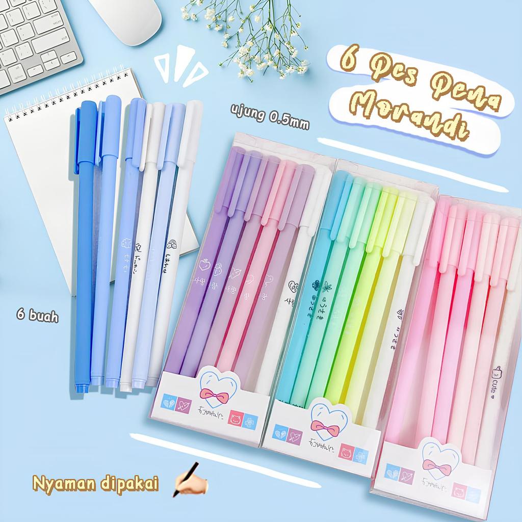 1SET ISI 6PCS PULPEN GEL MORANDI COLOR / PULPEN GEL WARNA PASTEL LUCU / PEN GEL AESTHETIC