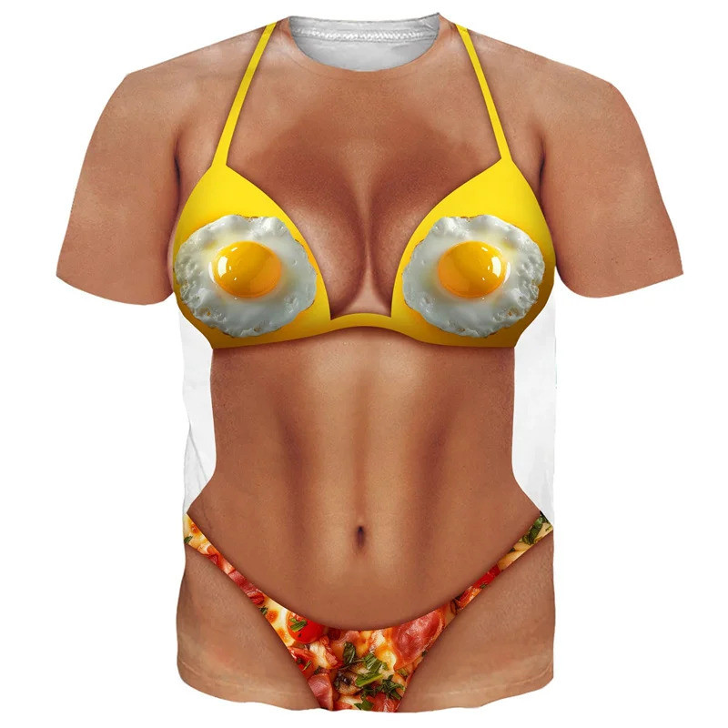 Kaos pria dengan motif bikini fantasi otot perut palsu cetak 3D memungkinkan gerakan cepat kering ve