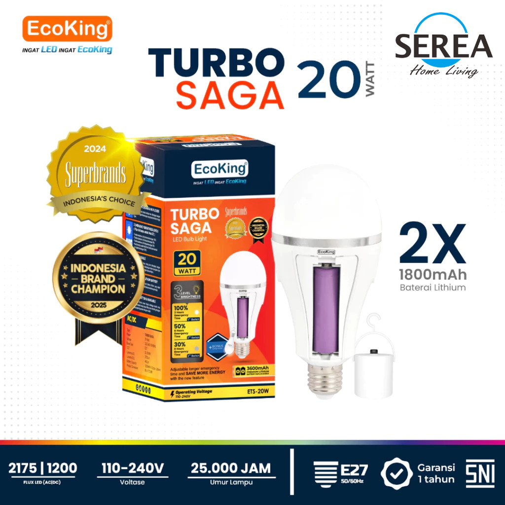EcoKing Lampu LED Emergency 20W Turbo Saga ETS-20W Putih - Bohlam Darurat Cas 3 Level DC