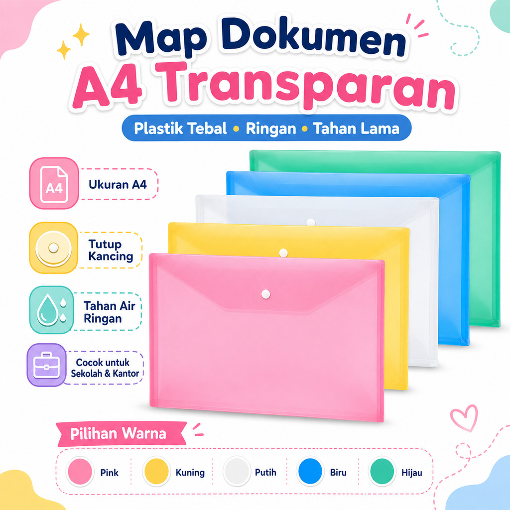 File Bag Berwarna / Map Plastik Kancing / Tas Map Plastik A4 Anti Air