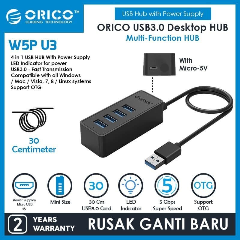 ORICO W5P-U3-30 Usb 3.0 Hub 4 Port 30 Cm With Micro B Power Port