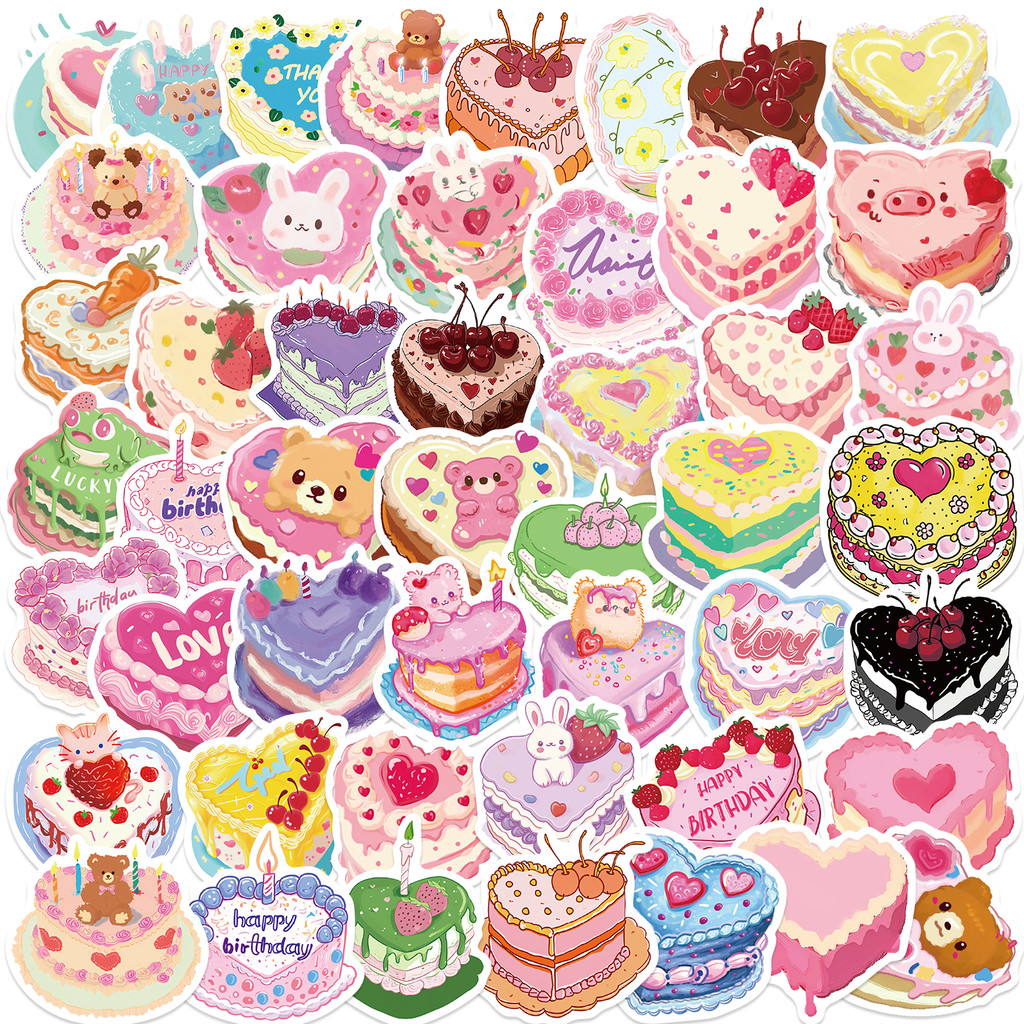 

50pcs Love Heart Birthday Cakes Stickers For Laptop Water Bottle Luggage Notebook Waterproof Graffiti Vinyl Cute Cartoon Decals