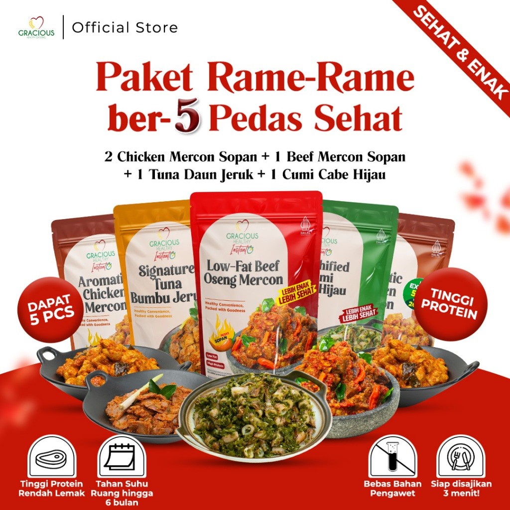 

Gracious Paket Rame-Rame ber-5 Pedas Sehat |2 Chicken Sopan +1 Beef Sopan+ 1 Tuna +1 Cumi Cabe Hijau