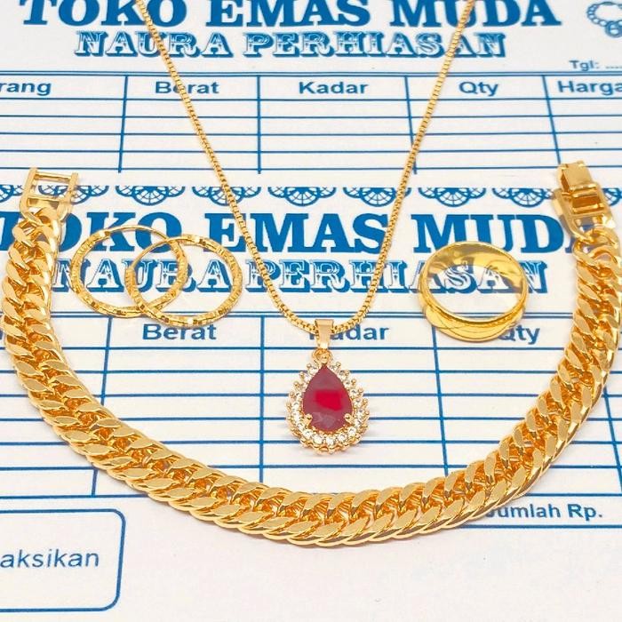SET PERHIASAN WANITA KALUNG ITALI LIONTIN PERMATA MERAH DAN GELANG RANTAI FREE CINCIN DAN ANTING MOT