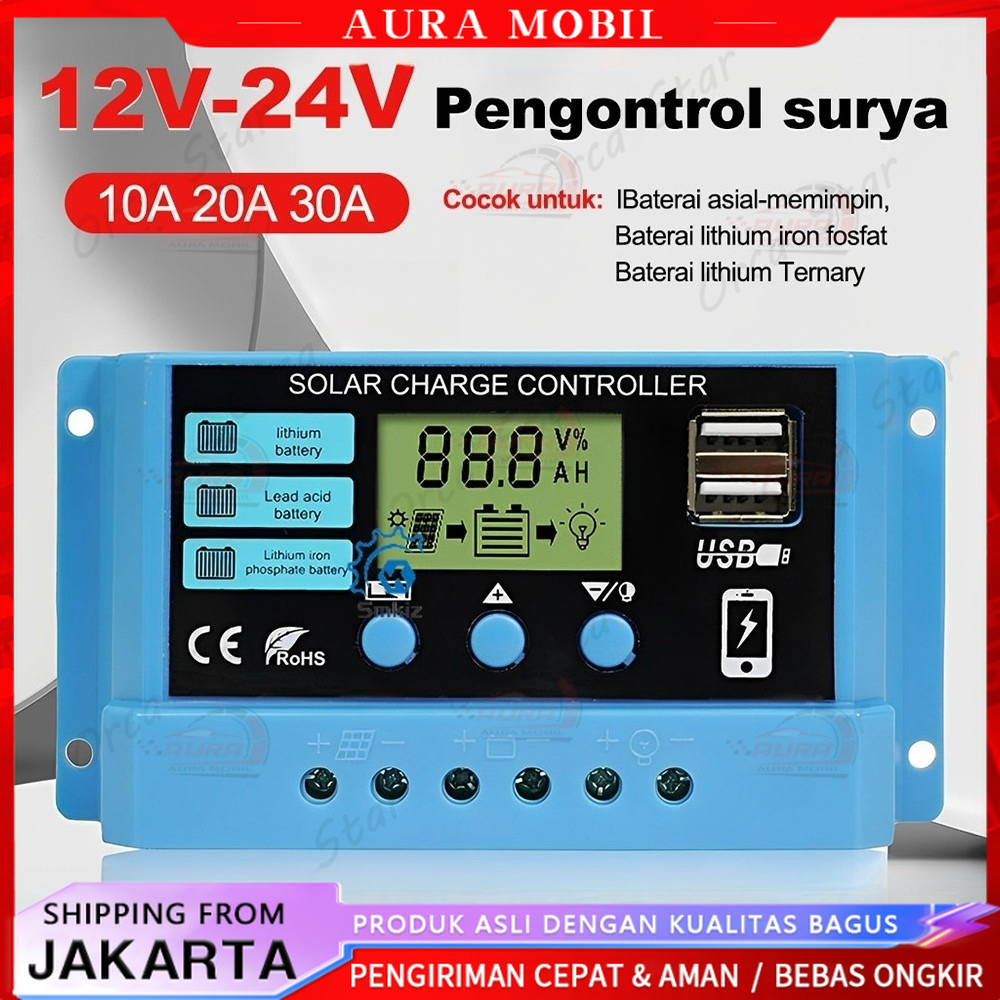 Ready COD  Baru Solar Charge Controller LCD LED Display Solar PWM 12V/24V 10A 20A 30A 50A 60A USB Pa