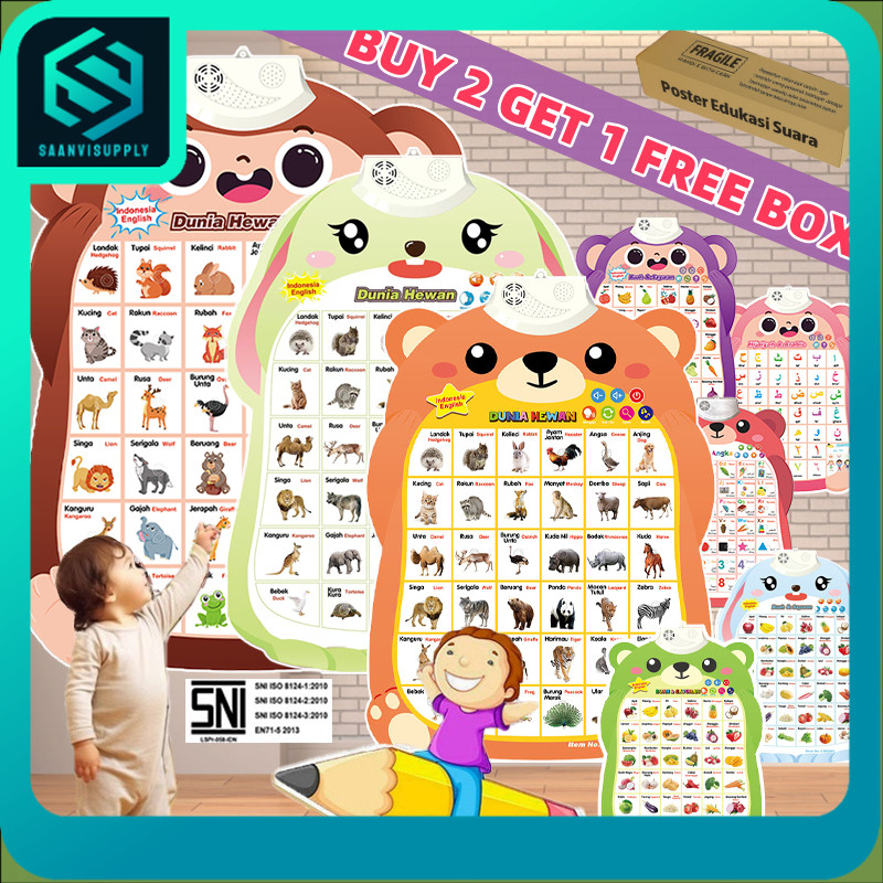 SALE Poster Suara Dinding Angka dan Huruf Mainan Poster Bicara Edukasi 3 Bahasa Musik Indonesia Ingg