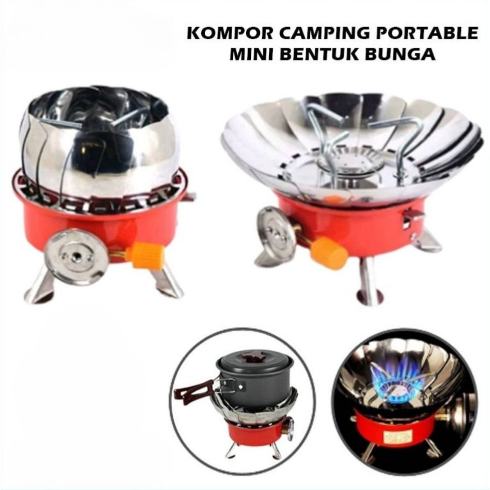 Kompor Camping Portable Bentuk Bunga Tahan Angin Windproof Kompor Gas Piknik Kompor Gunung Lipat Min