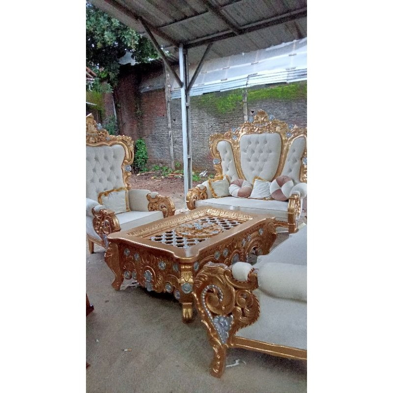 kursi tamu sultan Sofa Belagio Set 321 Meja Plus Kaca Warna Gold Mewah