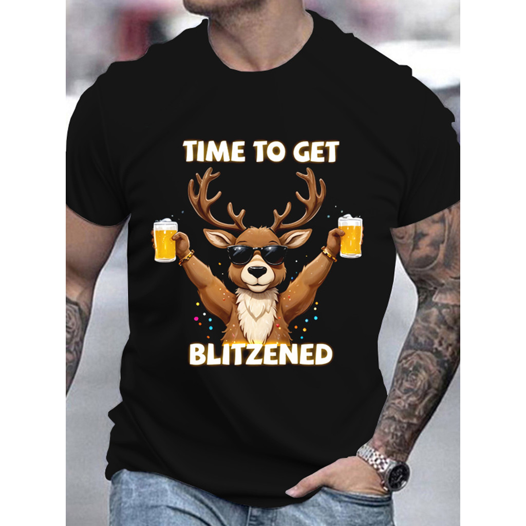 Men's Festive Christmas Deer & Beer 3D Print T-Shirt - Casual Round Neck, Short Sleeve, Breathable P