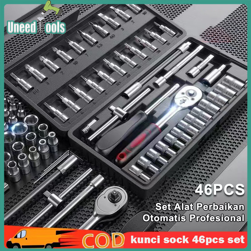 (COD) UneedTools kunci shock set 46pcs BLACK Full Mobil Motor Lengkap Socket Tool   kunci shock set 