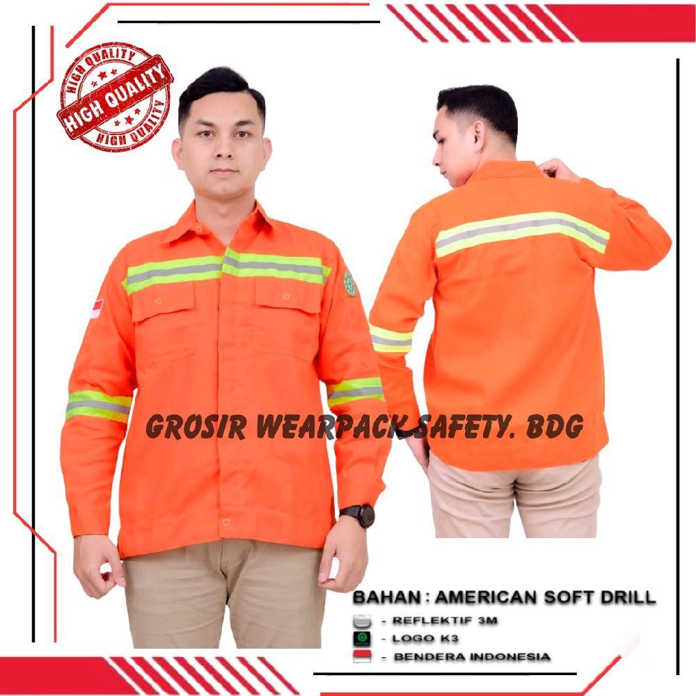 Kemeja Wearpack Safety Warna Orange Seragam Kerja Baju Atasan Lengan Panjang Lis Strip Hijau | Serag