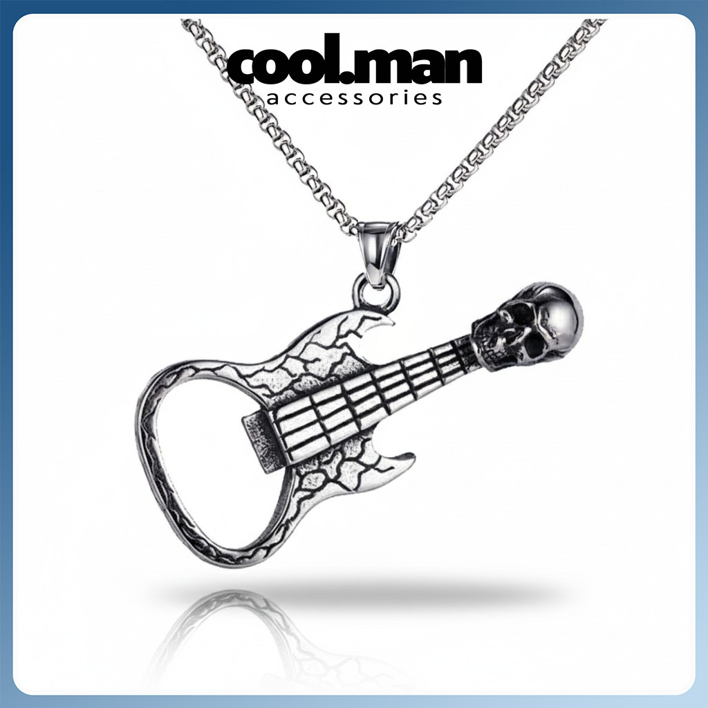Kalung Pria Wanita Stainless Steel Liontin Gitar Tengkorak Skull Guitar Rock Metal Punk Gothic Akses
