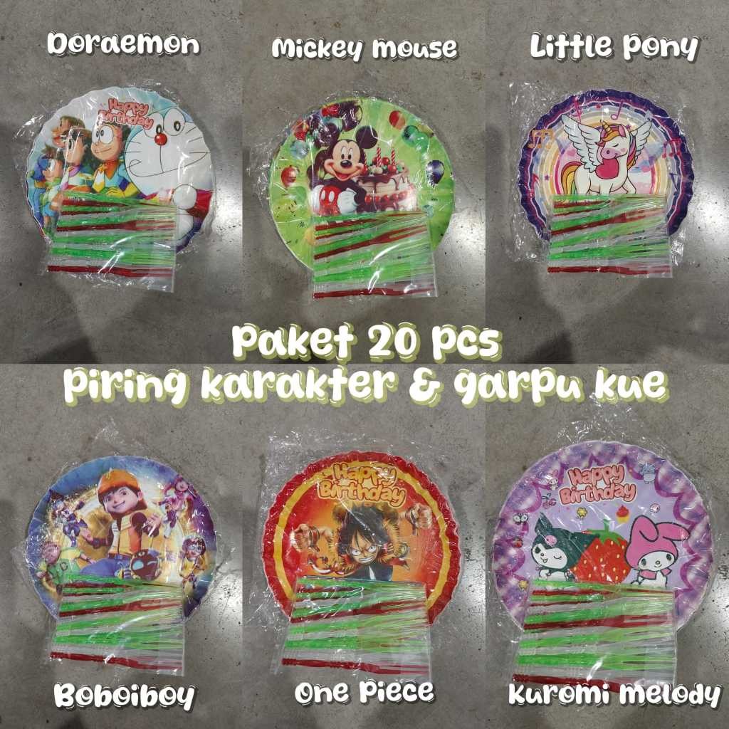 20 set Piring+ Garpu Kue Ulang Tahun Piring Kertas Kue Tart Ultah Karakter Kuromi Melody Doraemon