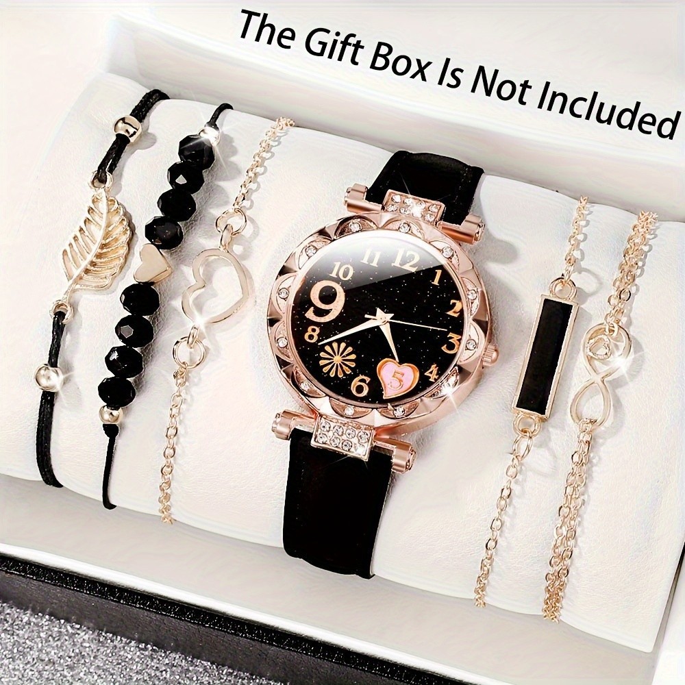 Yasmine's 6PCS Jam Tangan Wanita Kuarsa Dial Berlian Tali Kulit Dengan Set Gelang (Tanpa Kotak)