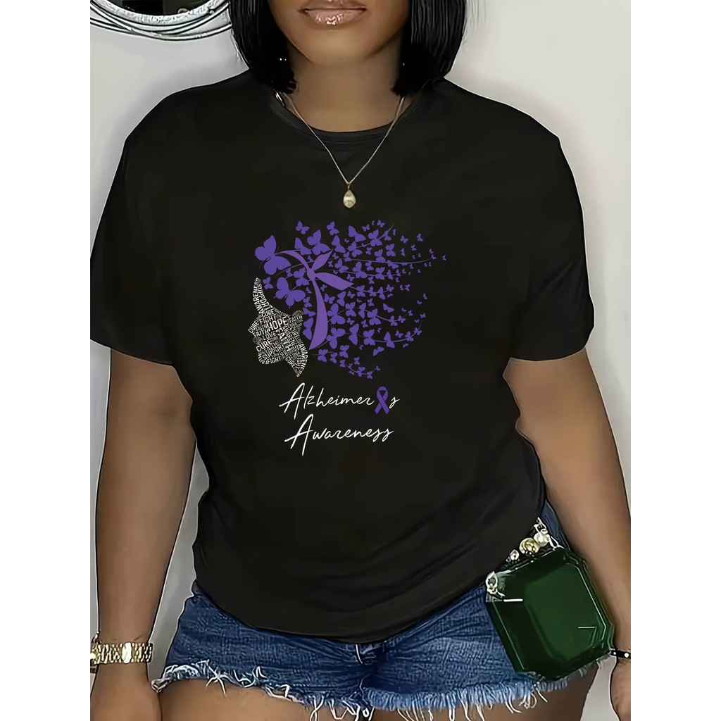 Kaos Kesadaran Alzheimer Wanita - Desain Pita Ungu, Lengan Pendek Leher Bulat, Dapat Dicuci dengan M