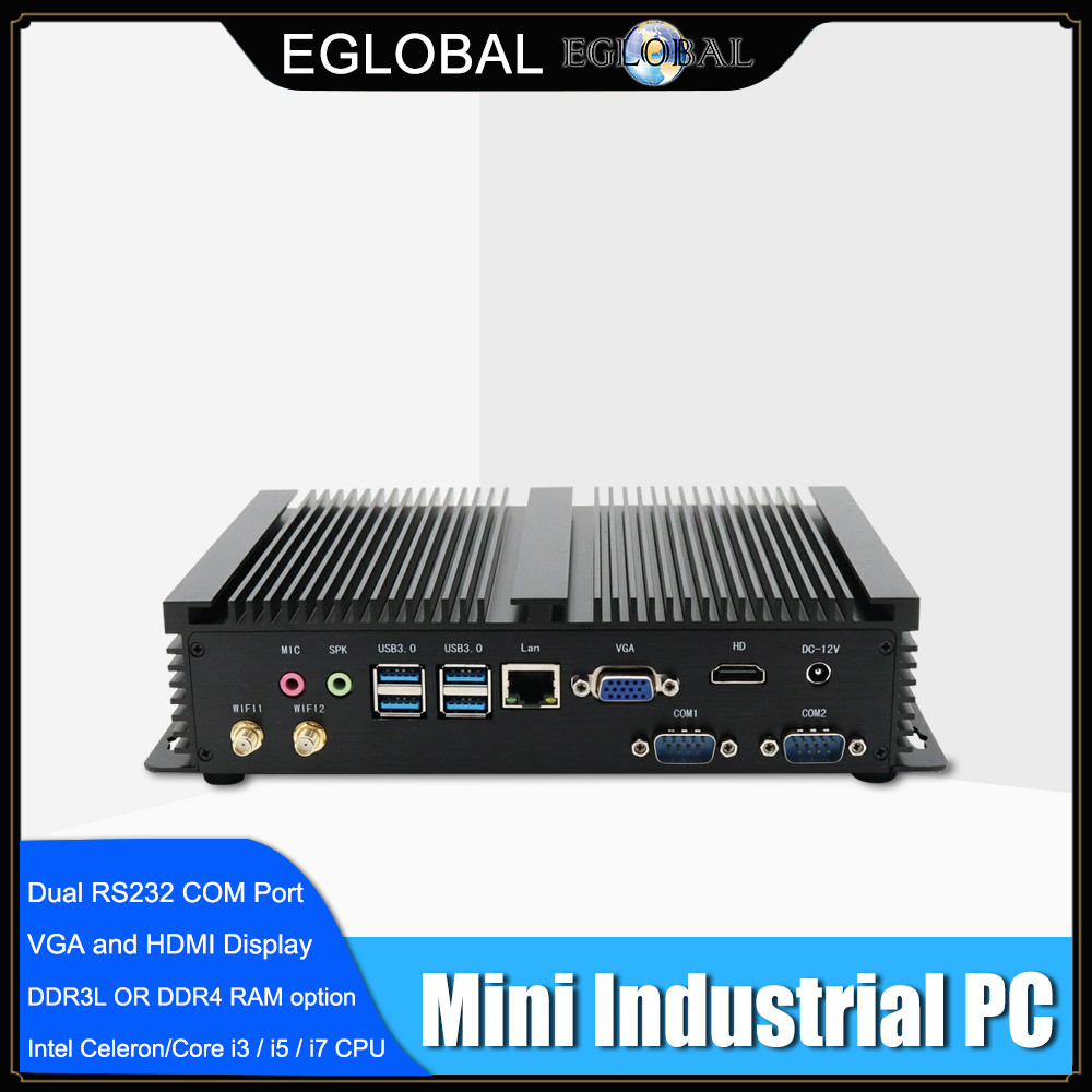 Fanless Industrial X86 Mini PC i7-8565U i5-8250U 7*24 Working 2*RS232 HDMI VGA 1*Lan 7*USB WiFi Alum