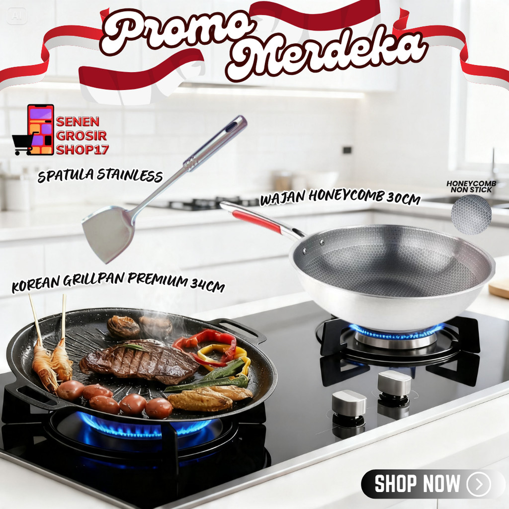 SN MERDEKA COMBO WAJAN DAN PEMANGGANG (WAJAN HONEYCOMB 30CM, KOREAN GRILLPAN PREMIUM 34CM, SPATULA S