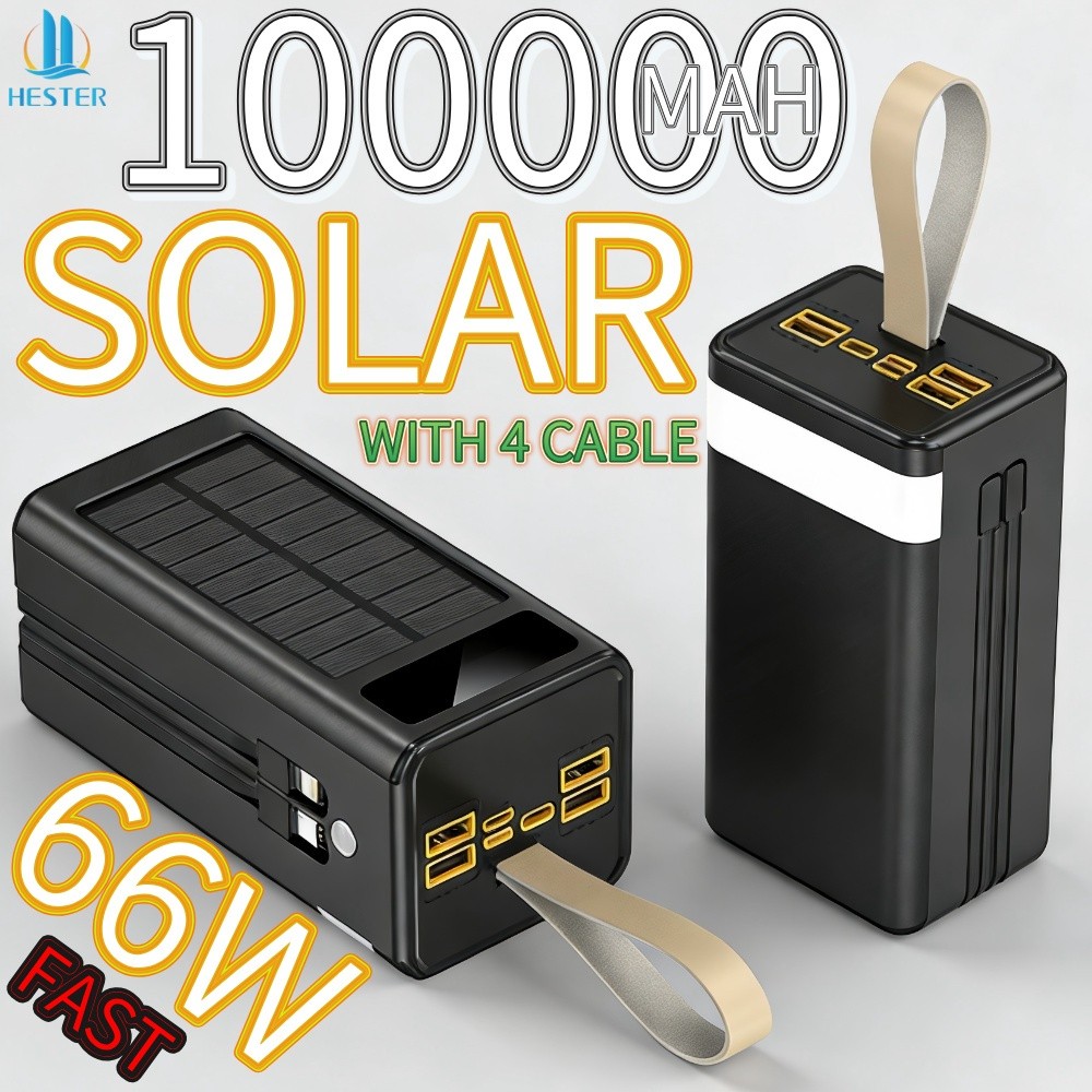 HESTER 66W powerbank 100000mah 4 cable fast charging powerbank real capacity solar power bank 100000