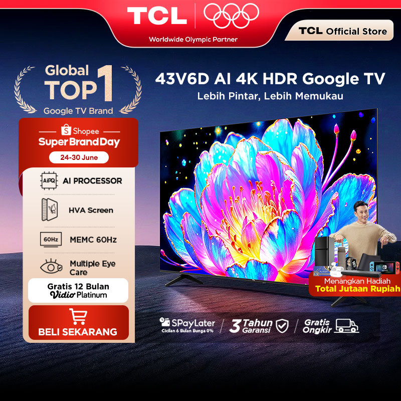 TCL AI 4K Google TV 43 inch V6D - MEMC - HDR 10 - HVA Panel - Dolby Audio - Google Play/Netflix/Yout