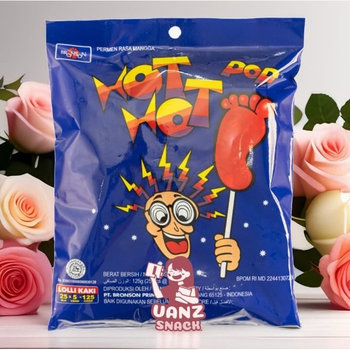 

PT Bronson Hot Hot Pop Permen lollipop kaki rasa mangga kemasan kantong netto 25 pcs X 5 gram