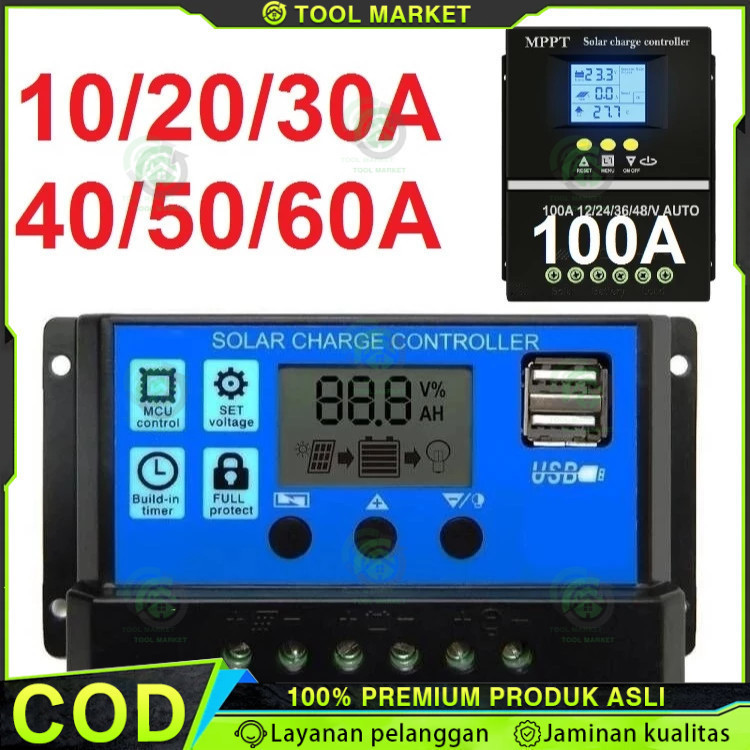 Solar Charge Controller LCD LED Display Solar Cell PWM 12V 24V 10A 20A 30A 50A 60A USB Panel Tenaga 