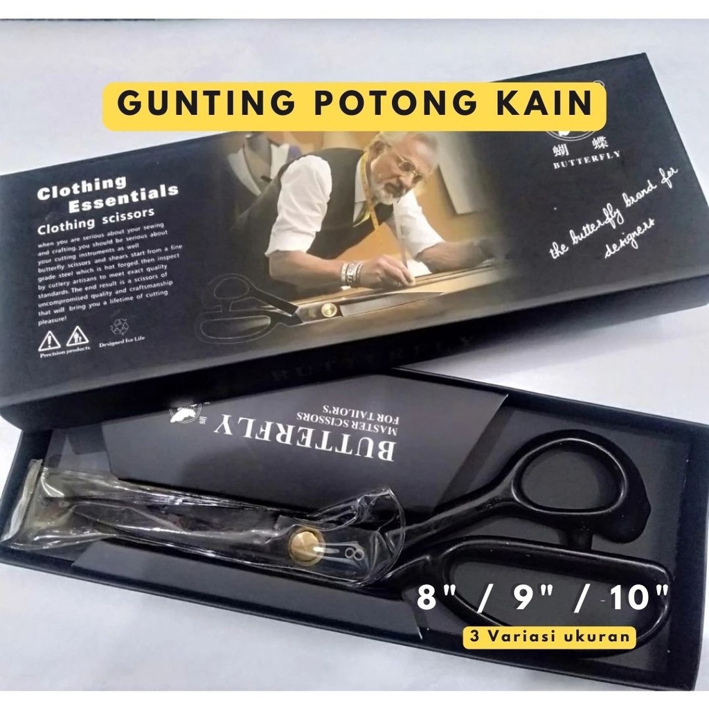 

Gunting Potong Kain Butterfly Original Hitam Bahan Baja Mangan Galvanis 8" / 9" / 10" Professional Tailor Scissors Terlaris