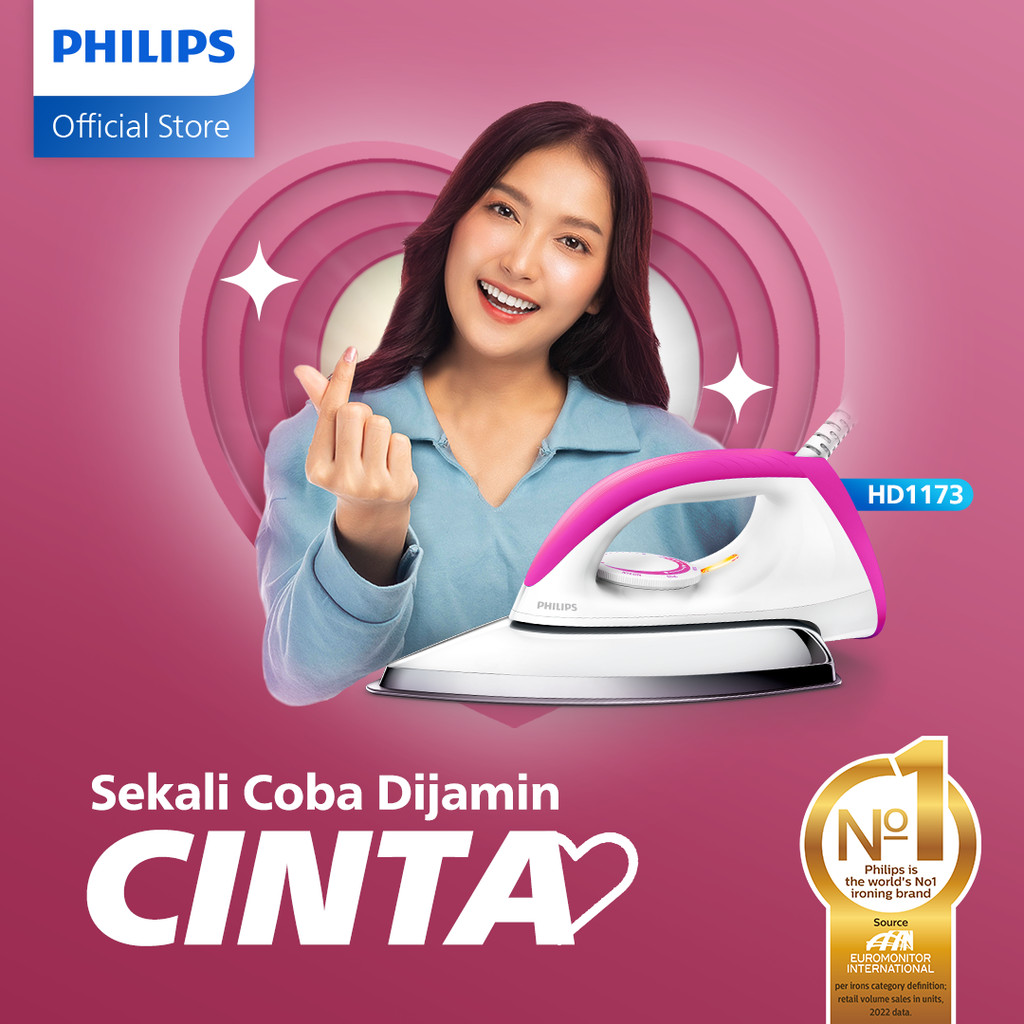 Philips Setrika kering HD1173/40 Pink, Ceramic 4 Lapis, Anti-Lengket, seterika philips, gosokan baju