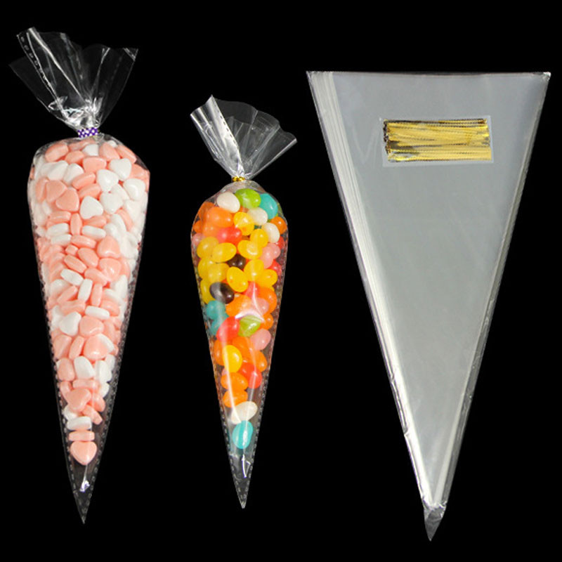 

100PCS Candy Bag Transparent Plastic Triangle Ice Cream Cone Candy Bags Kids Birthday Party Decoration Easter Party Decoration